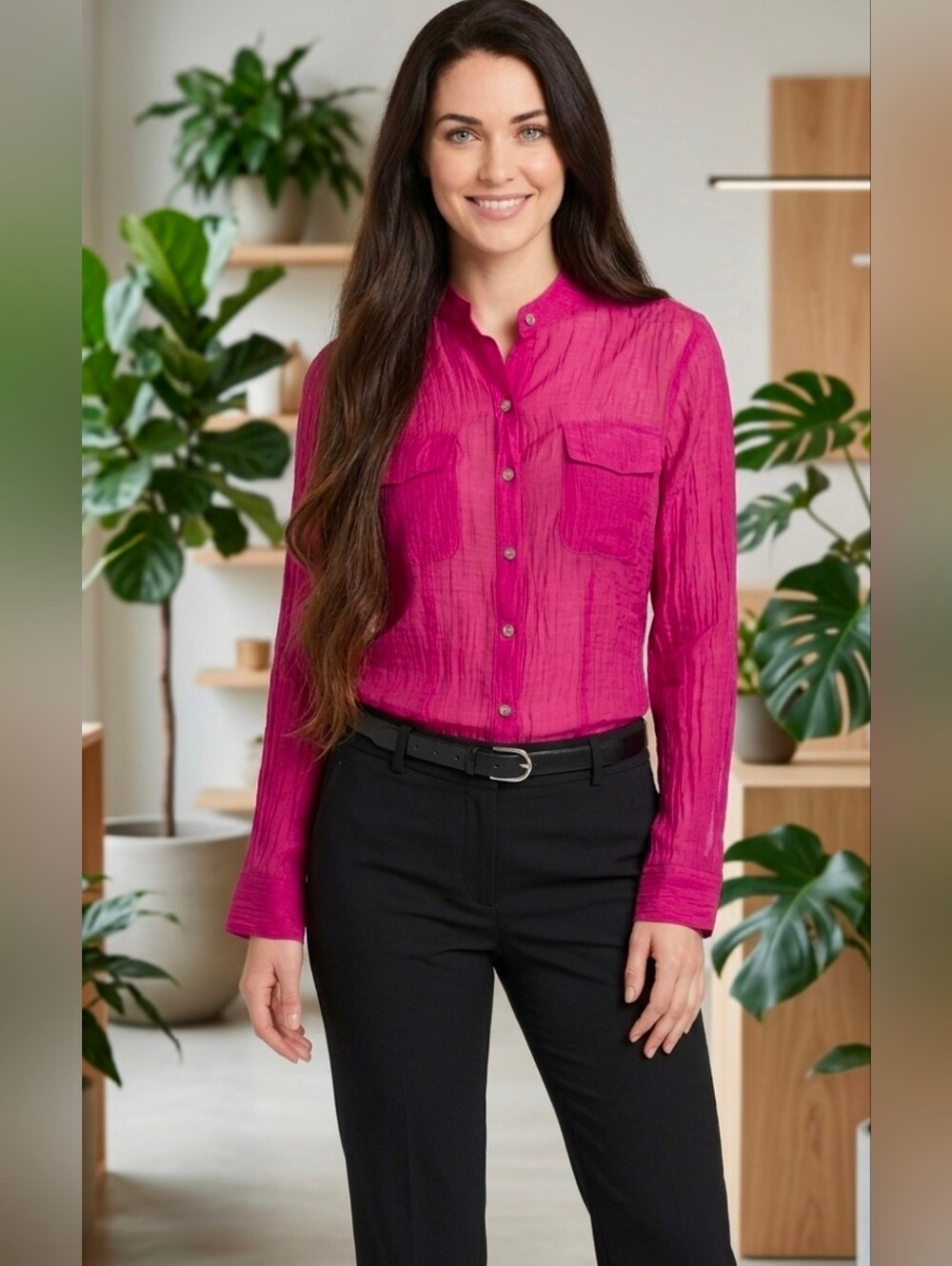 Chicos Sheer Magenta Button Down Shirt